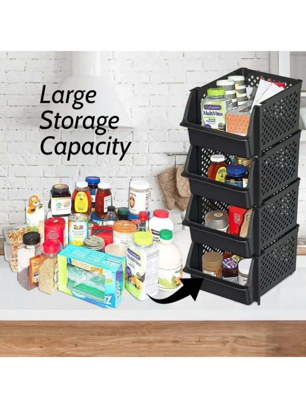 Stackable Storage Bins for Pantry - 4 Pack, Open Front Access, Space-Saving